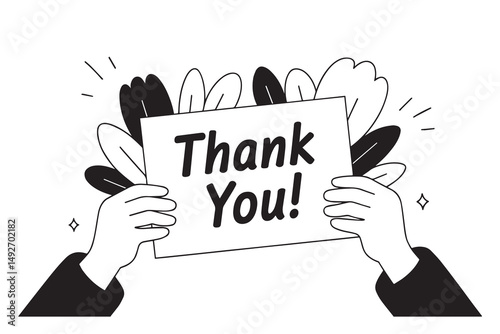 Thank You Sign Held by Hands Black White Illustration