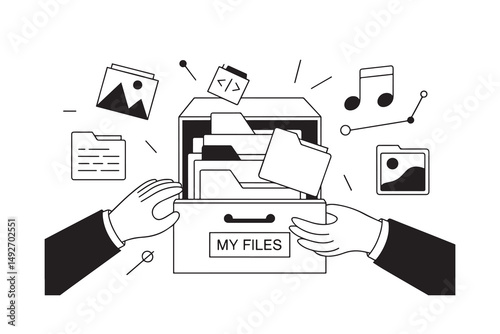 Organizing Digital Files Black White Line Illustration