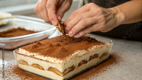 Creating a dessert with cocoa sprinkling over a layered cake.