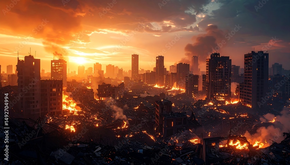 Fototapeta premium Cityscape Under Siege With Buildings Burning During Dramatic Sunset