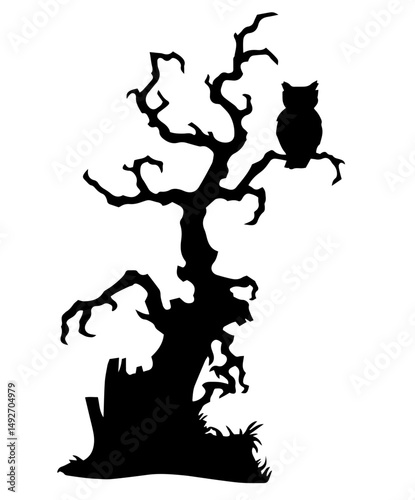Silhouette of a Leafless Tree with Owl on Branch. Mystery, Night Creatures, Forest Lore, Autumn Darkness. Halloween, All Hallows’ Eve, Spooky Season, Goth Day, Night Creatures Appreciation Day