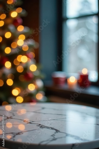 Empty marble tabletop, warm festive bokeh, snowy scene Perfect product showcase , simple, product, mockup