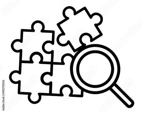 Puzzle Pieces with Magnifying Glass. Problem Solving, Research, Analytical Thinking, Intelligence. AI, Data Analysis, Algorithms, Logic Systems, Mind Games, STEM Tools, Machine Learning, Research Sof
