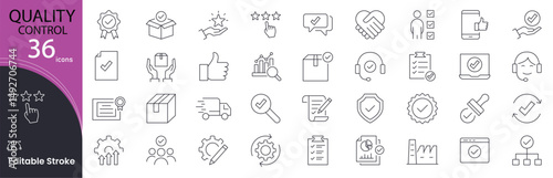 Quality control icon set. Inspection and assurance related line icons: checklist, microscope, testing, approval, standards, audit, measurement, certification, process, defect detection and more.