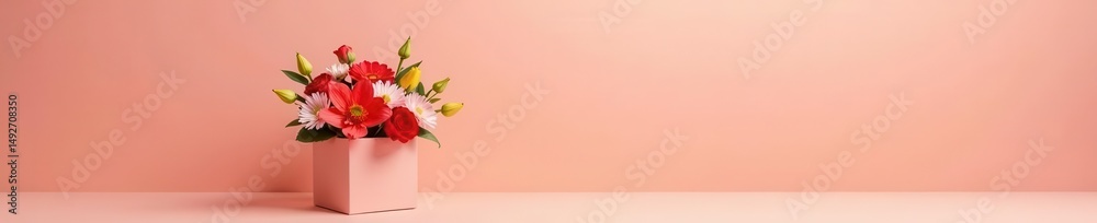 Obraz premium Muted peach backdrop, flowers bursting from a small gift box, dynamic floral arrangement , gift, flowers, pastel colors