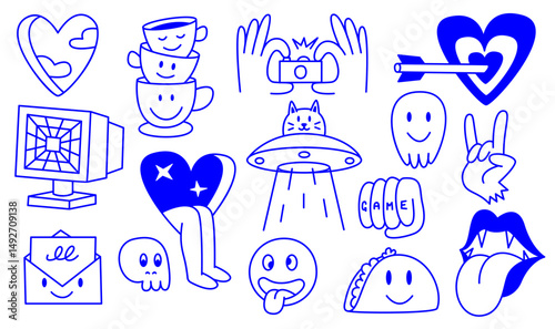 Vector Set of Quirky Elements - Funny Symbols in Linear Art. Visual Elements for Editorial Use, Modern Design Projects, Stickers, Posters, Merchandise and Creative Brands