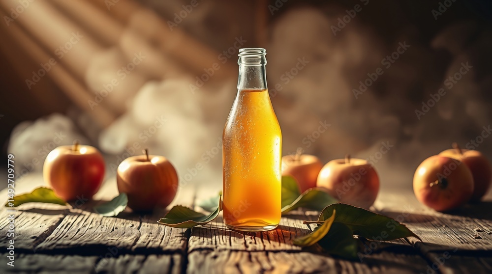 Naklejka premium Apple Cider Bottle on Rustic Table