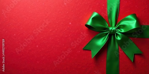Red textured background, vibrant green bow, Merry Christmas gift card template , christmas wishes, green bow, texture
