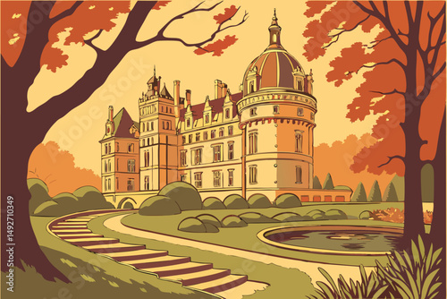 186 ornate castle, medieval architecture, ornate dome, autumn foliage, landscaped garden, stepping stones, ornamental pond, lush greenery, detailed trees, lighting and shadows, photorealistic, 8k, int