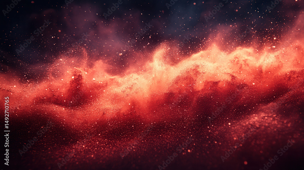 Fototapeta premium Fine black powder rising against a vivid crimson background
