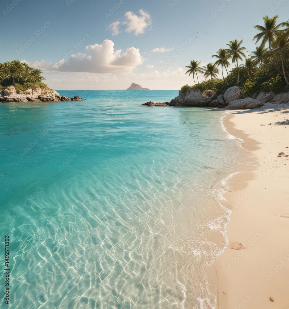 Fototapeta premium Golden sand, turquoise water, lush island backdrop, getaway, island