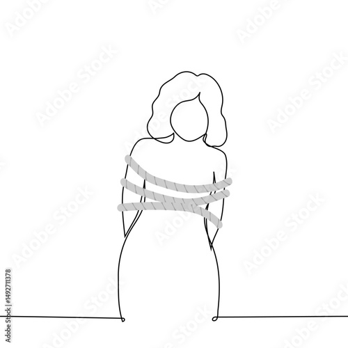 woman tied with thick rope across body, hands behind - one line art vector. concept prisoner, violent tied, tripped
