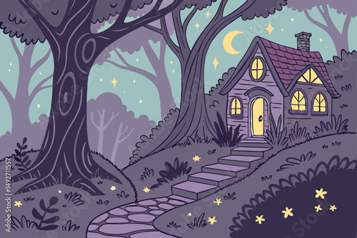 187 enchanted fairy tale forest scene, magical fantasy landscape, glowing cottages on trees, vibrant colorful night sky with stars, bioluminescent fireflies, mystical staircase leading to house, fanta