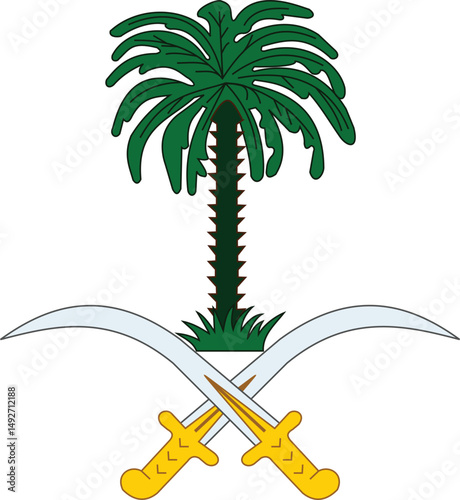 Saudi Arabia National Emblem with Palm Tree and Crossed Swords Symbol