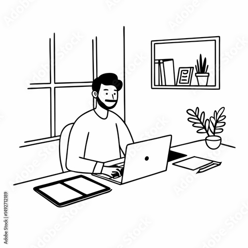 Cartoon businessman working on a laptop at his office desk, a funny illustration of internet technology and people at work