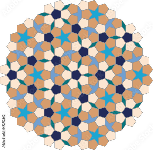 Penrose Tiling Arabic Mosaic Pattern with Seamless Design. ARABESQUES MODERNES. Geometric design. Intricate Geometric Tessellation with Star and Polygon Motifs. 