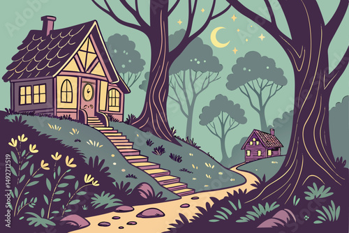 187 enchanted fairy tale forest scene, magical fantasy landscape, glowing cottages on trees, vibrant colorful night sky with stars, bioluminescent fireflies, mystical staircase leading to house, fanta