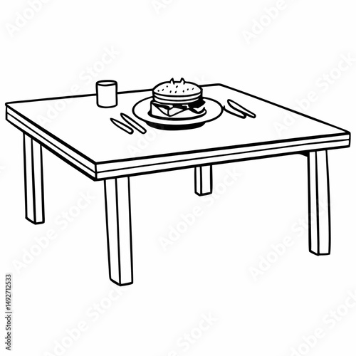 A brown wooden kitchen table set with a plate, chairs, and a bench offers a simple furniture design for home interior decoration