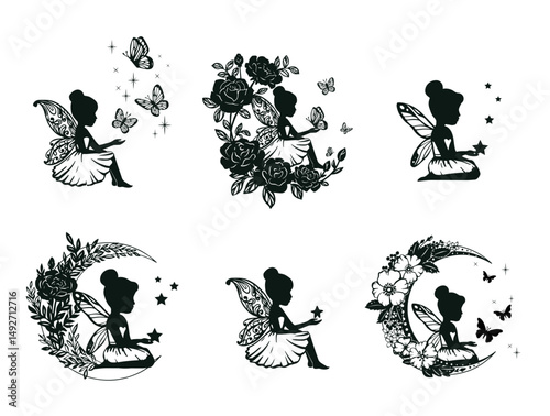 Silhouette of a fairy with flowers and moon. Vector illustration isolated on white background.
