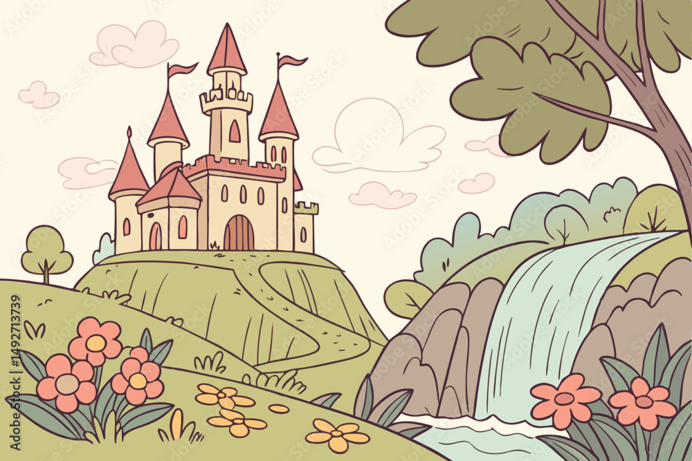 Fototapeta premium 188 fantasy landscape, stained glass castle, magical floating island, colorful flowers, lush foliage, cascading waterfall, whimsical, detailed, vibrant colors, digital art