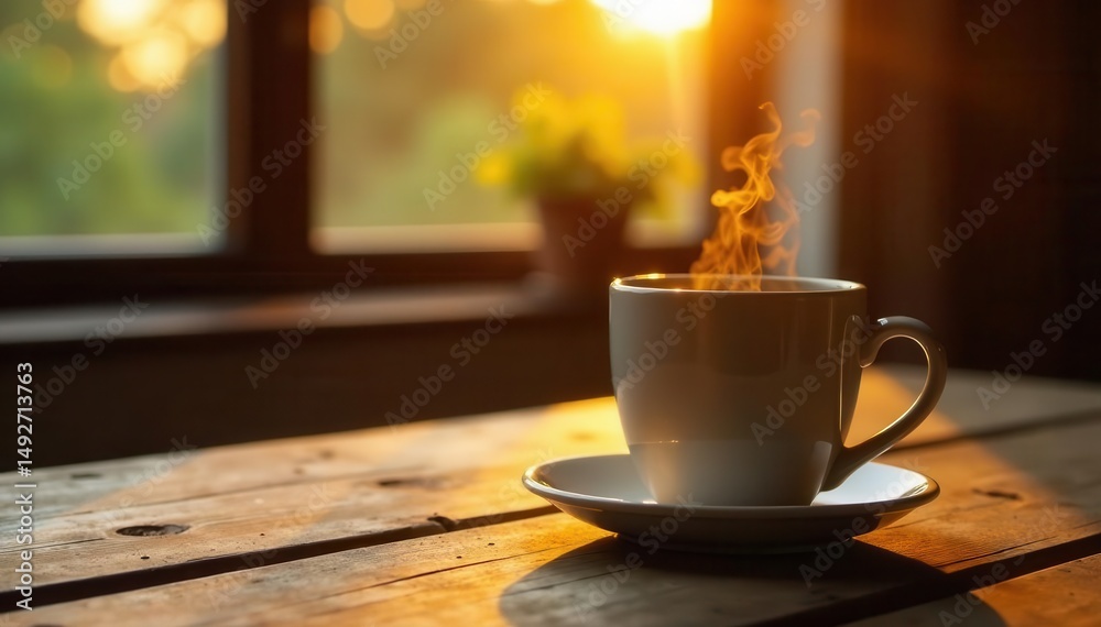 Obraz premium Weekend sunrise, steaming coffee mug on rustic table, comfort, relax, wooden table