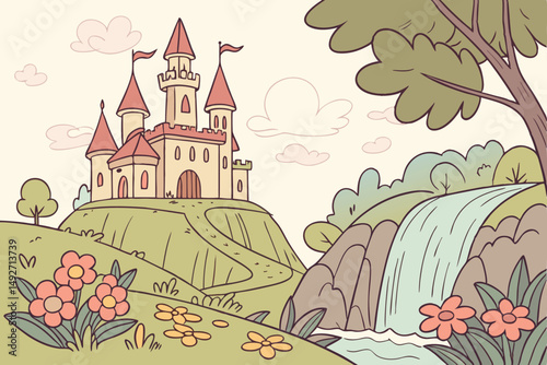 188 fantasy landscape, stained glass castle, magical floating island, colorful flowers, lush foliage, cascading waterfall, whimsical, detailed, vibrant colors, digital art