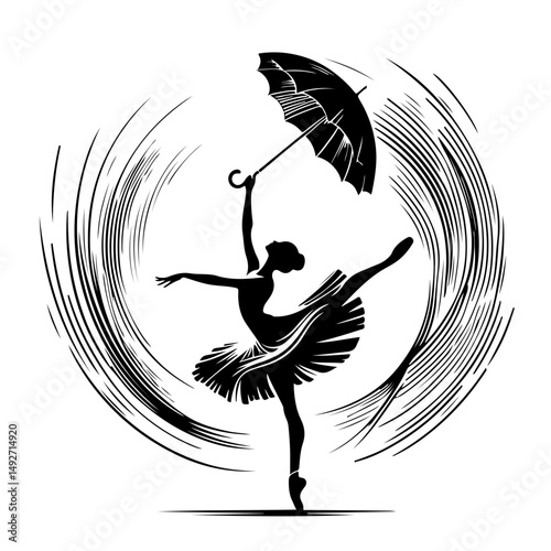 Ballet dancer with umbrella illustration in elegant style on white background for dance concepts