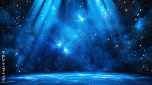 Mystical blue nebula scene with spotlight beams and starry night sky background.