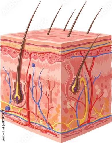 Detailed Human Skin Layers with Hair Follicles and Vasculature.