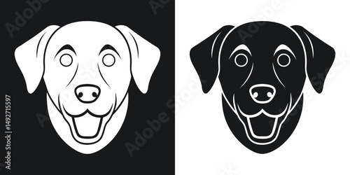 Black and white vector illustration of a labrador retriever dog face in two versions