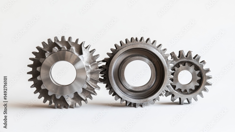 Three metallic gears interlocked, isolated on white background. Three metallic gears interlocked, isolated on white background.
