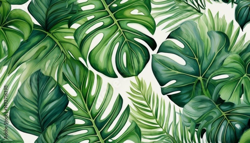tropical seamless pattern green exotic leaves monstera foliage jungle forest botanical design watercolor style image generated by ai technology