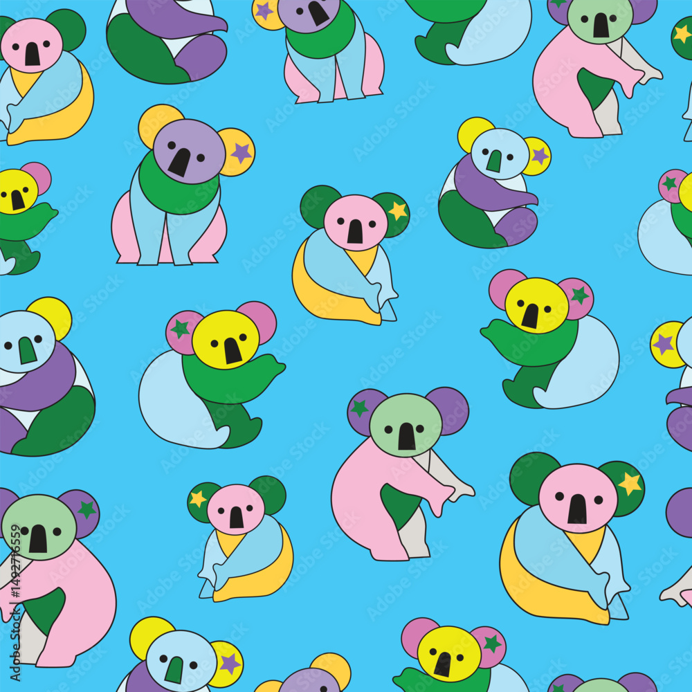 Obraz premium Colorful koala bear pattern on blue background. Seamless pattern background.