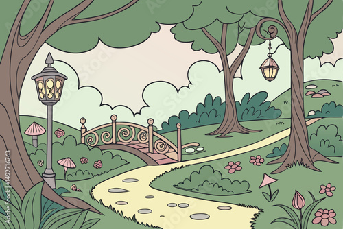 189 fantastic landscape, whimsical forest, enchanted garden, vibrant colors, intricate details, dreamlike scenery, lush greenery, winding paths, ornate bridges, lanterns, fantasy elements, magical atm