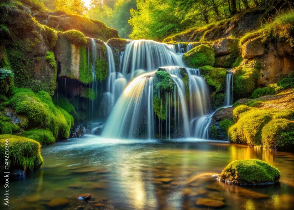 Fototapeta premium Vintage Small Waterfall Photography: Gushing Stream, Rustic Nature Scene, Scenic Cascade