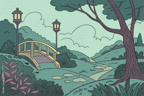 189 fantastic landscape, whimsical forest, enchanted garden, vibrant colors, intricate details, dreamlike scenery, lush greenery, winding paths, ornate bridges, lanterns, fantasy elements, magical atm