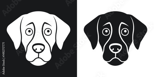 Illustration of a cute labrador retriever dog face presented in black and white color scheme