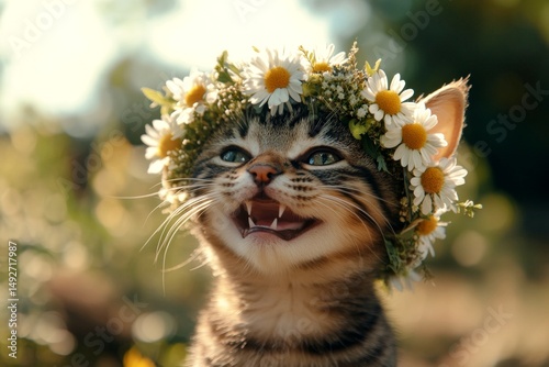 Holiday season happiness. Cute baby cat singapura wearing savage flower circlet on its head. Dawn light. Happy pet in summer. Cat enjoying summer holidays. Sunny holidays with a cat.