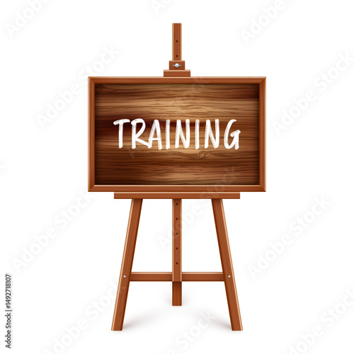 Wooden chalkboard on easel. Blackboard in wooden frame on a tripod. Presentation board with text, writing or drawing surface. Online studying, learning mockup. Vector illustration