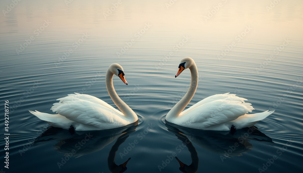Fototapeta premium Two Graceful Swans Forming a Heart Shape on Calm Water Surface