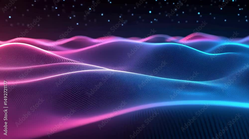 abstract wavy landscape of shimmering dots in futuristic pink and blue space background