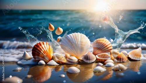 shelled ocean treasures in motion captivating sea waves with assorted shells and splashing water