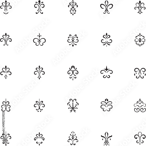 A collection of decorative design elements.  Various ornate swirls, scrolls, flourishes, and floral-inspired shapes in a classic, elegant style.  The elements are black lines on a white background, cr