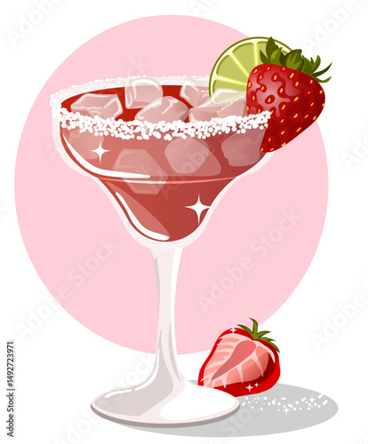 Festive Strawberry Margarita Illustration: Summer Cocktail with Salt Rim & Lime 