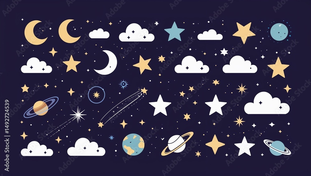 Obraz premium Night Sky Elements Vector Set – Flat Minimalist Illustrations of Stars, Moons, Constellations, Planets, and Celestial Objects