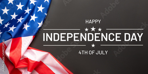Black background with American flag. Independence day. Website banner and greeting card design template.
