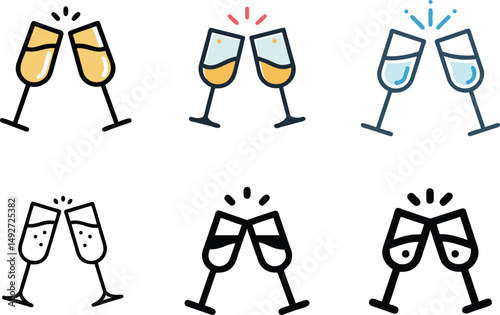 Champagne Glass Toast Icon Set For Celebration, Party, And Festive Design Concepts