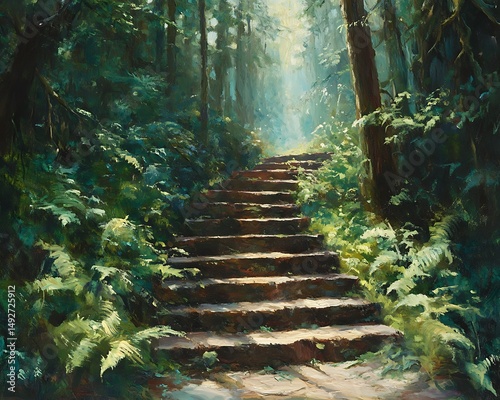 Forest stairs, sunlight path