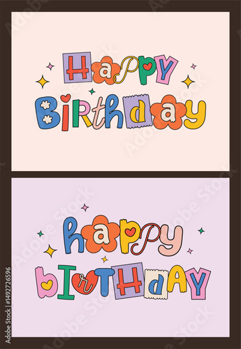 Retro style greeting card layout with happy birthday lettering in playful and colorful design perfect for celebration party favor printable and cheerful decoration