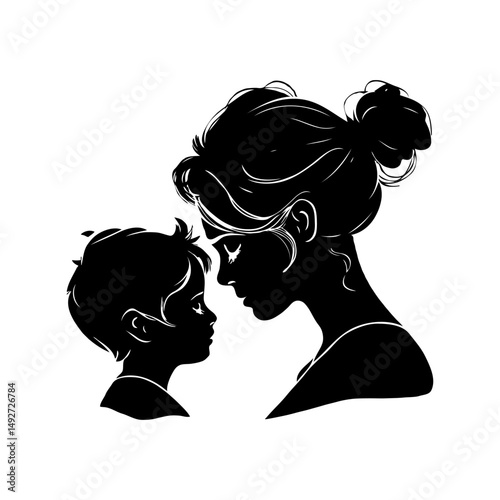 Silhouette of a mother and child facing each other on a white background, symbolizing love, care, and family bond